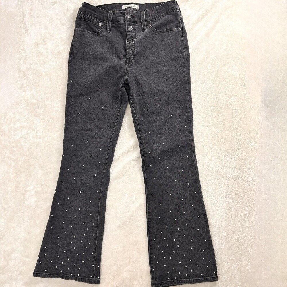 Madewell Women 28 Cali Demi Boot Cut Metallic Silver Dot Jeans Black Denim